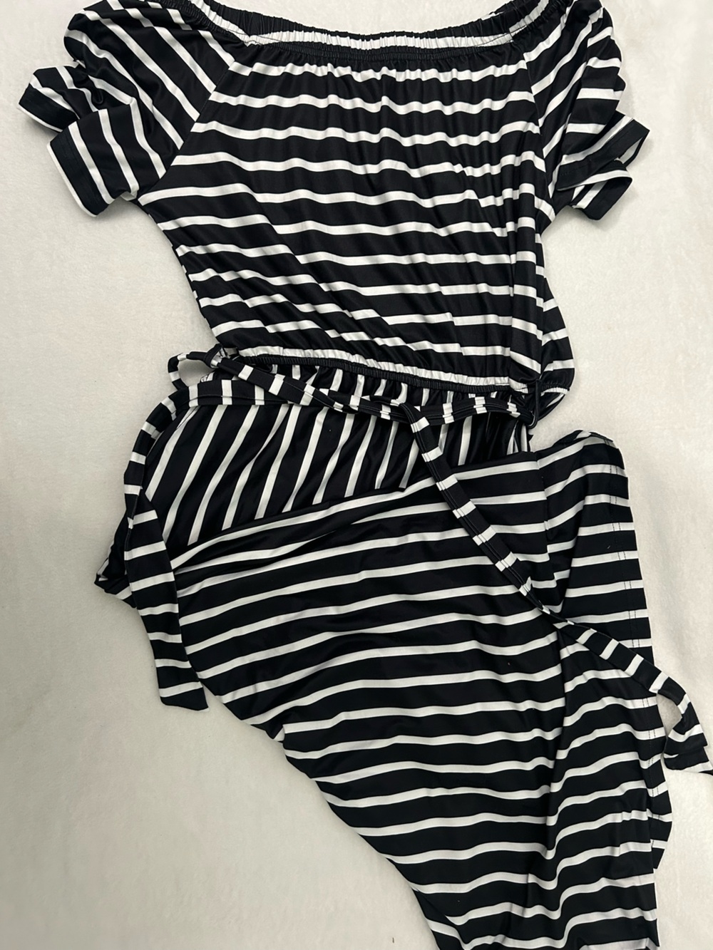 Striped Off-Shoulder Maxi Dress - Black & White